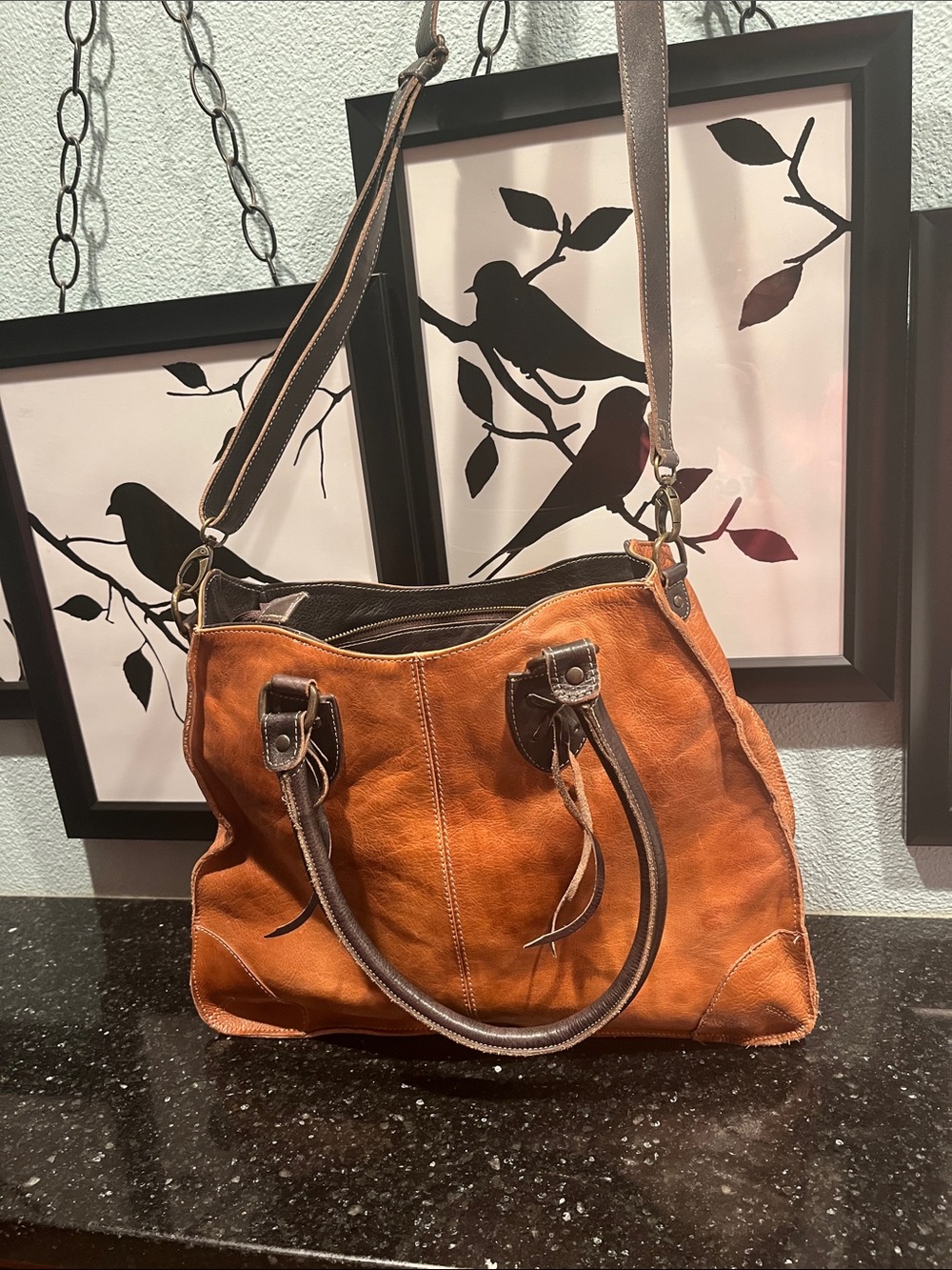 Bed Stu Cognac Leather Shoulder Bag with Dark Brown Trim. Style Greenway.